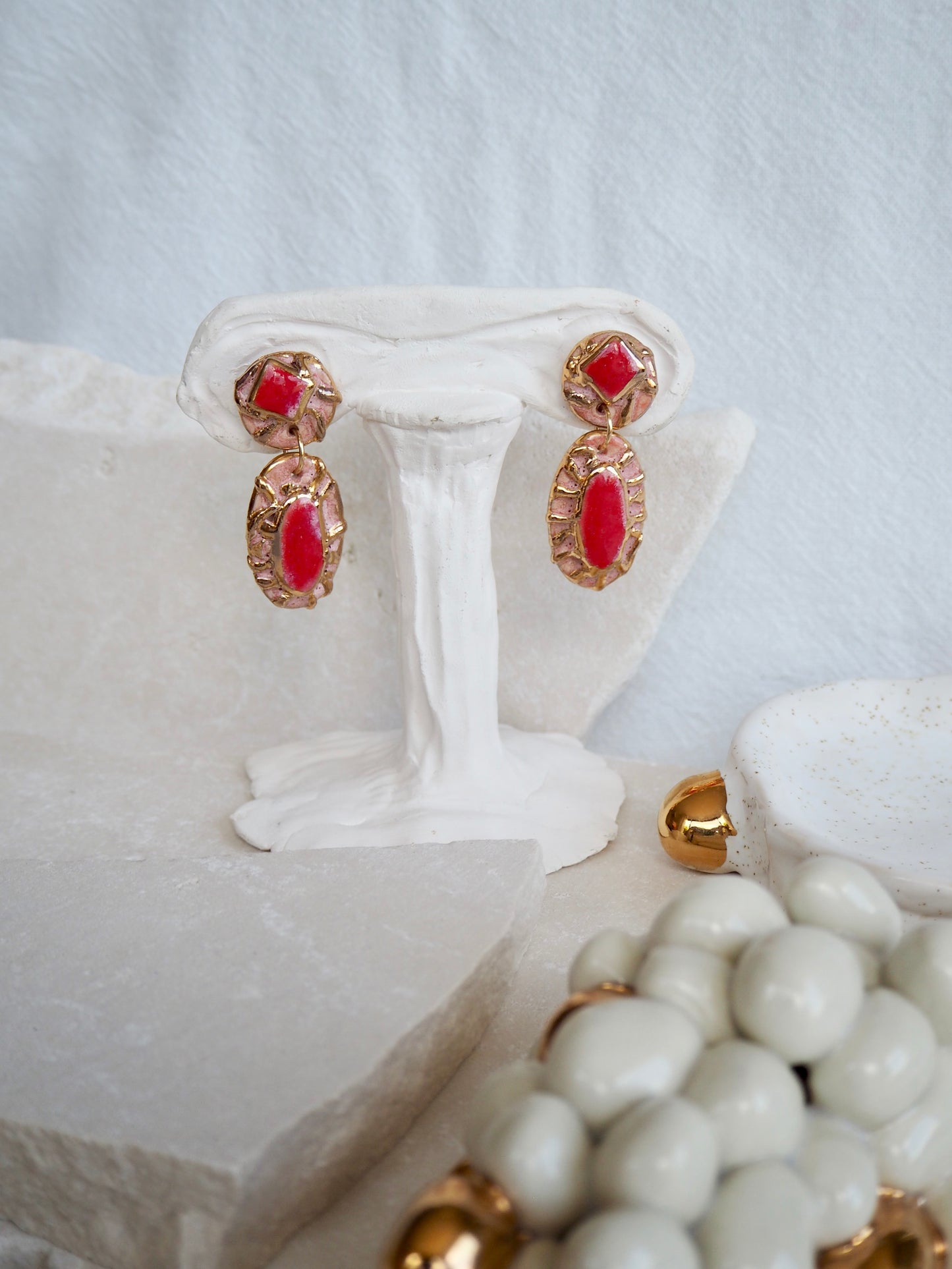 Pietra Collection handmade Porcelain Earrings coloured with Red and Pink glossy glaze with 24k gold lustre details