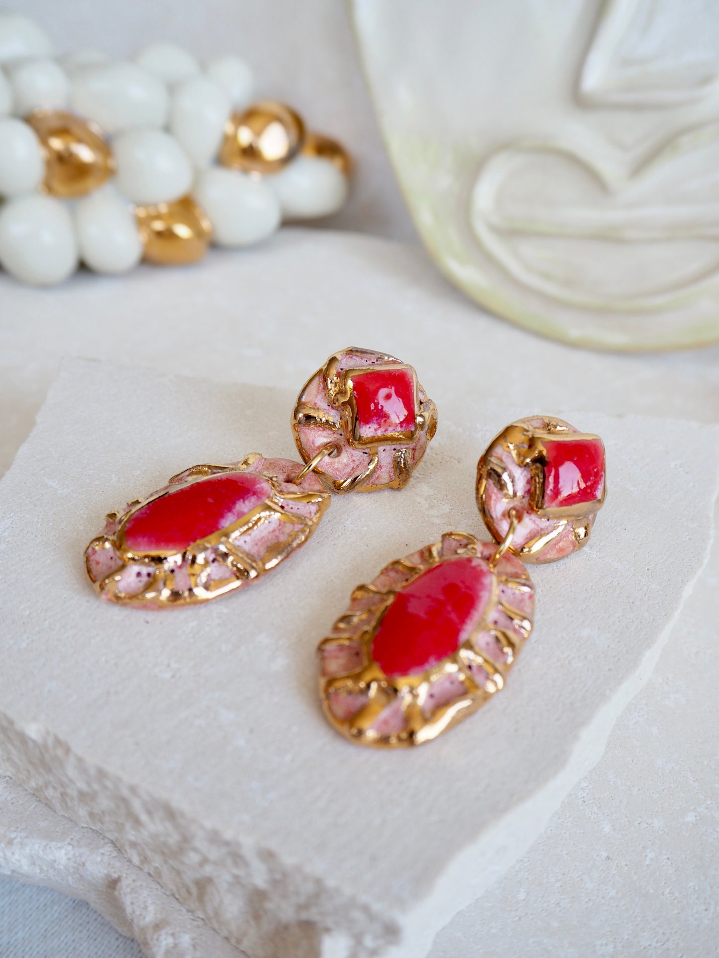 Pietra Collection handmade Porcelain Earrings coloured with Red and Pink glossy glaze with 24k gold lustre details