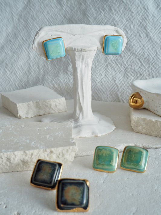 “il Quadrato” Medium Handmade Porcelain Studs coloured with “Sky Blue&Sage” glossy glazes with 24k Gold lustre details