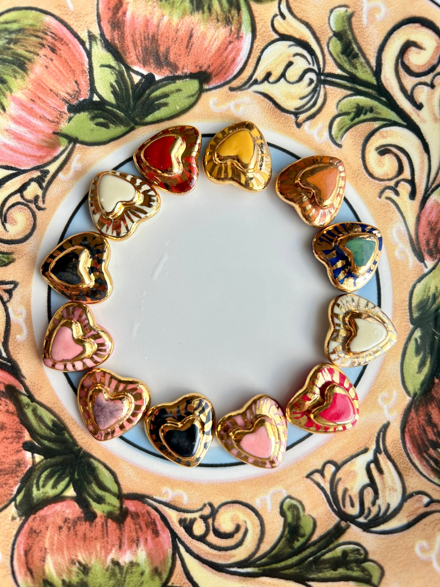 Small Handmade Porcelain Heart Stud coloured with “Caramel” glossy glaze with 24k Gold lustre rays