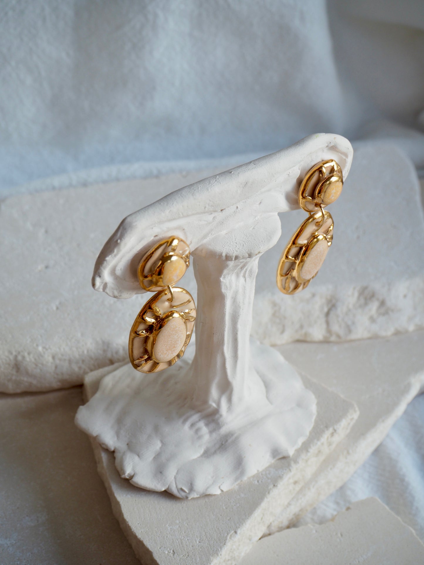 Pietra Collection handmade Porcelain Earrings coloured with Shades of Cream glossy glaze with 24k gold lustre details