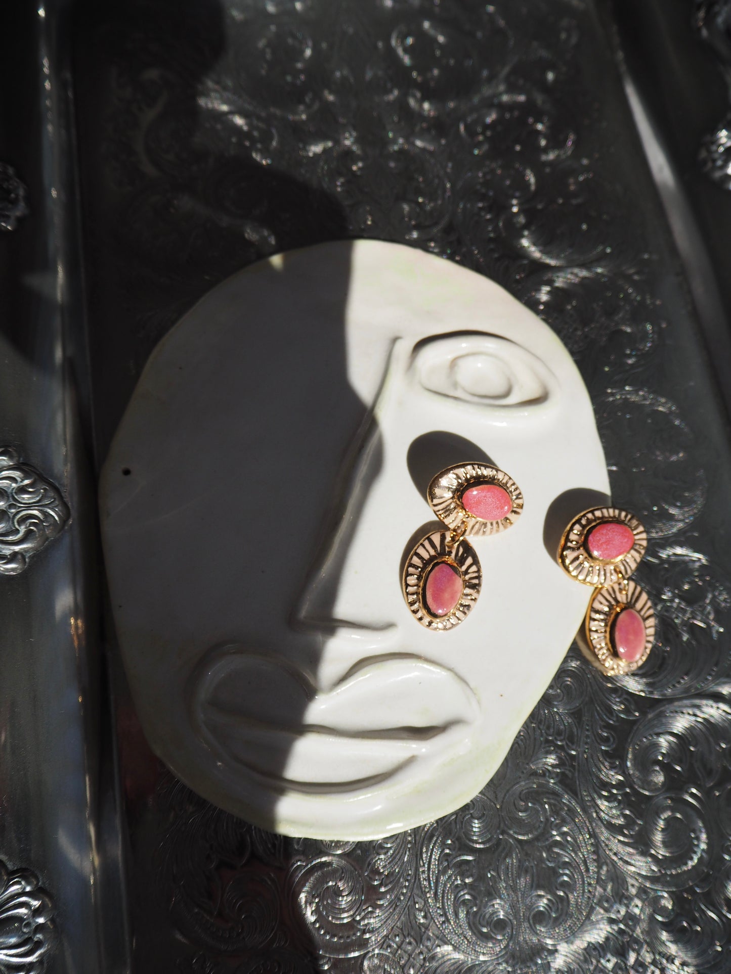 “Anima” Parchment underglaze & Shades of Pink coloured glazes with 24k gold lustre rays