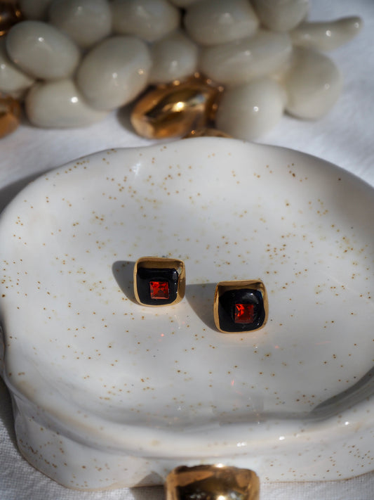 “Supernova” Black Small Square Handmade Porcelain Studs with 24k Gold lustre rims and an Swarovskis Crystal