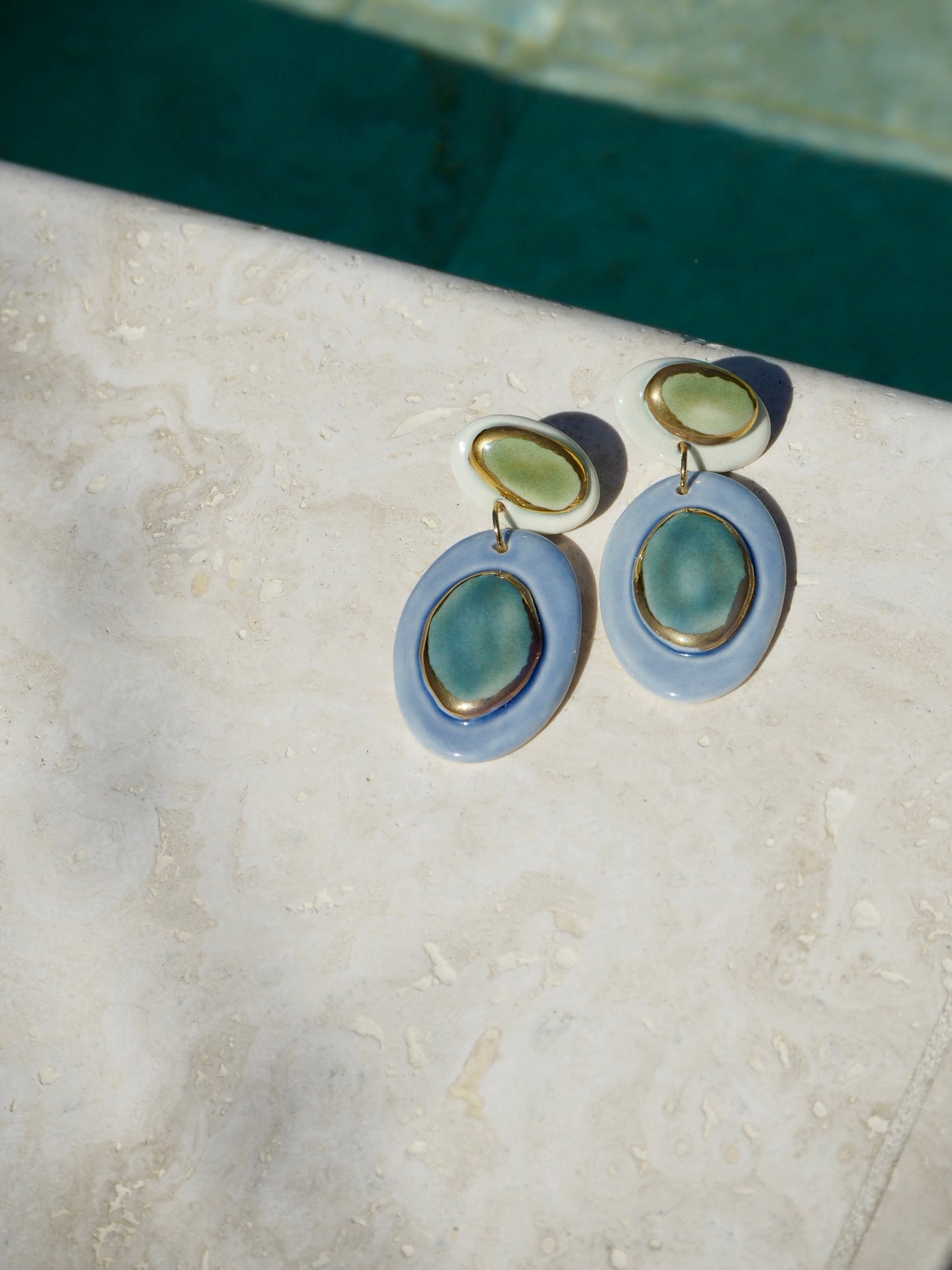 Femminilità Porcelain Earrings in  Green Tones & Light Cobalt Blue coloured glazes