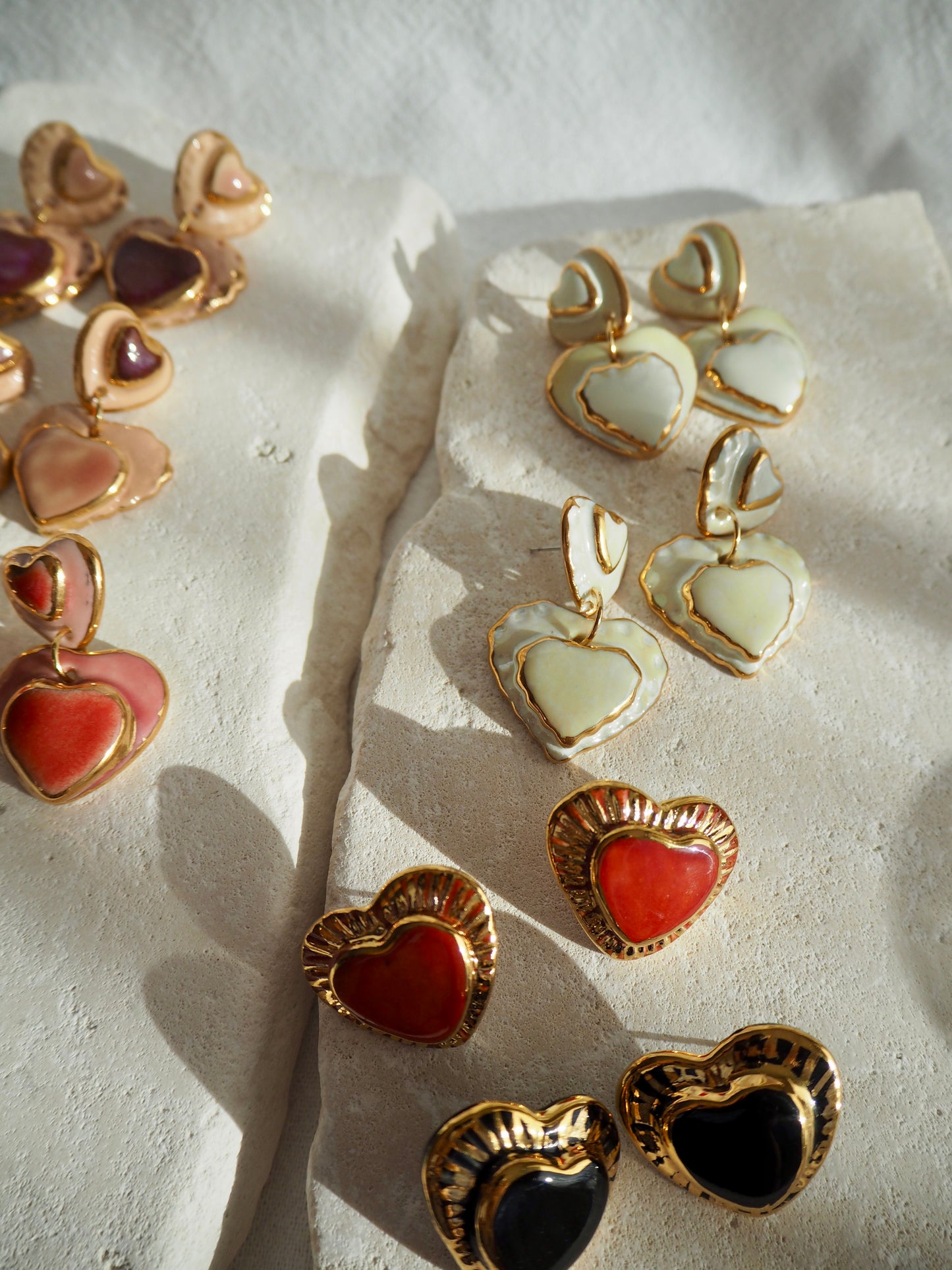 Large Handmade Porcelain Heart Stud Earrings coloured with “Black” glossy glaze & 24k Gold lustre details