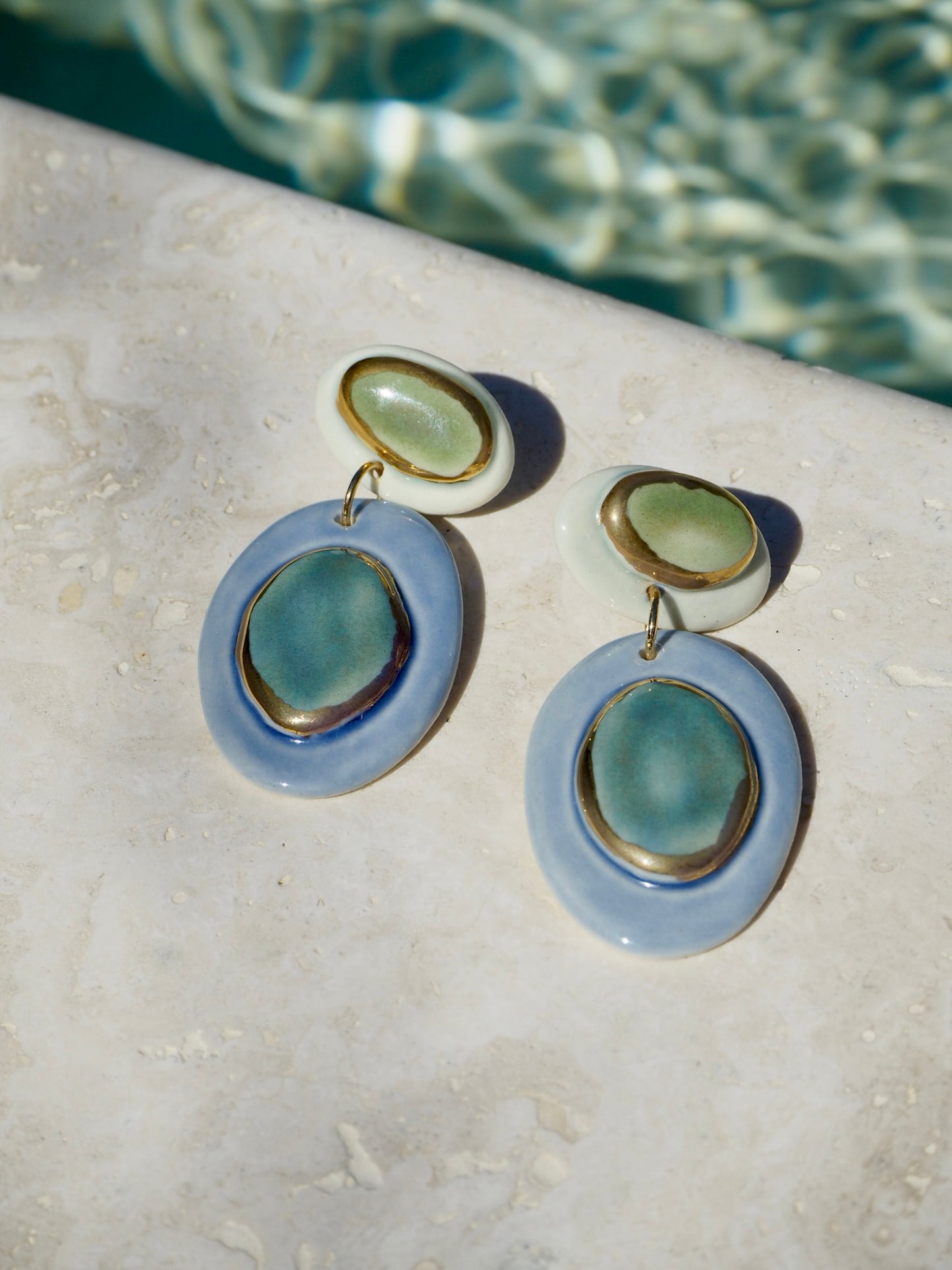 Femminilità Porcelain Earrings in  Green Tones & Light Cobalt Blue coloured glazes