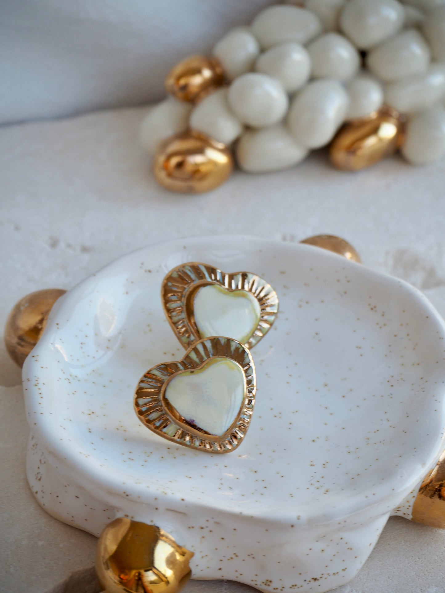 Large Handmade Porcelain Heart Stud Earrings coloured with “Pearly Off-White” glossy glaze & 24k Gold lustre details
