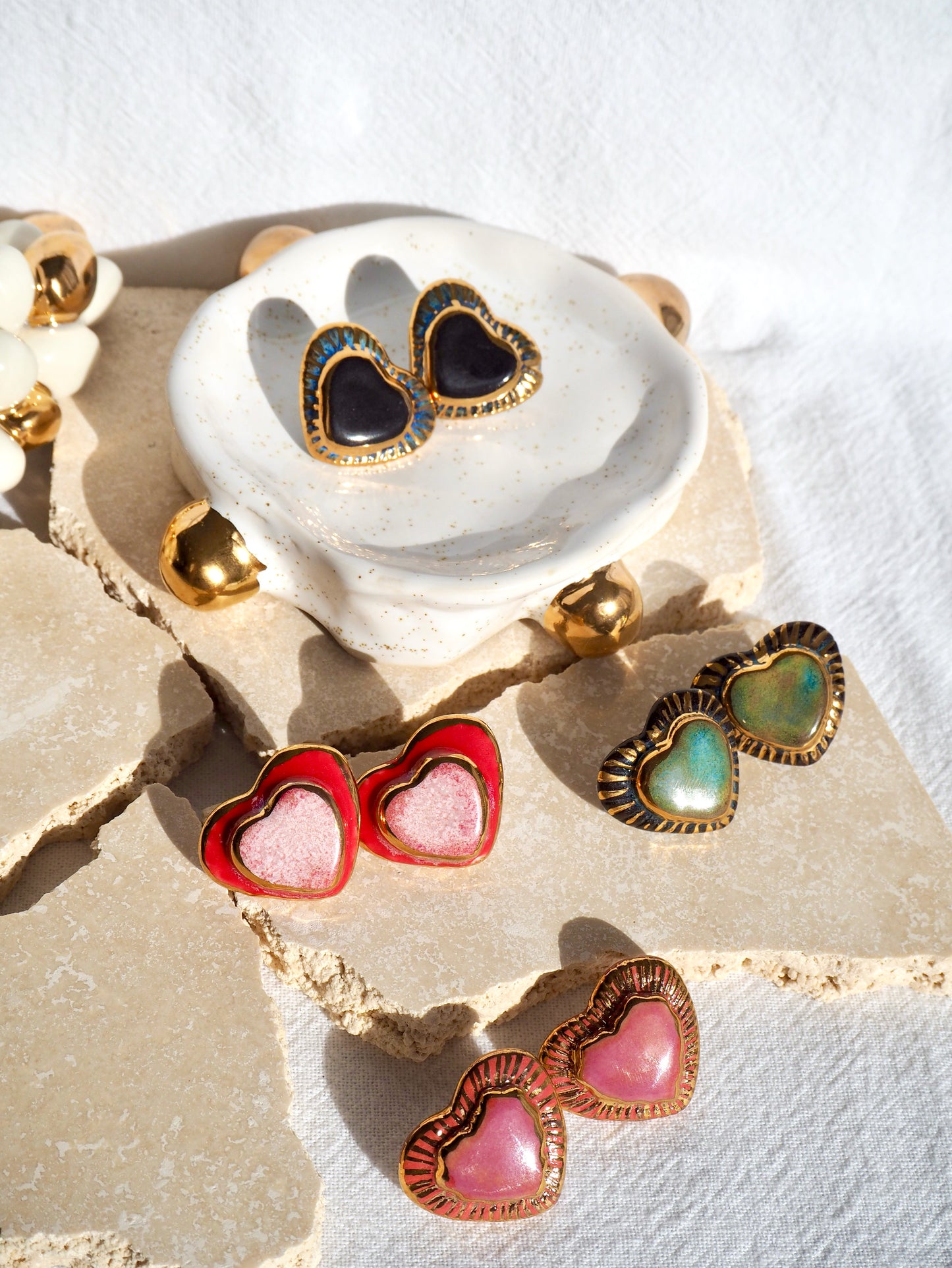Black Clay Heart Earrings with blue glossy glazes & 24k Gold lustre rim