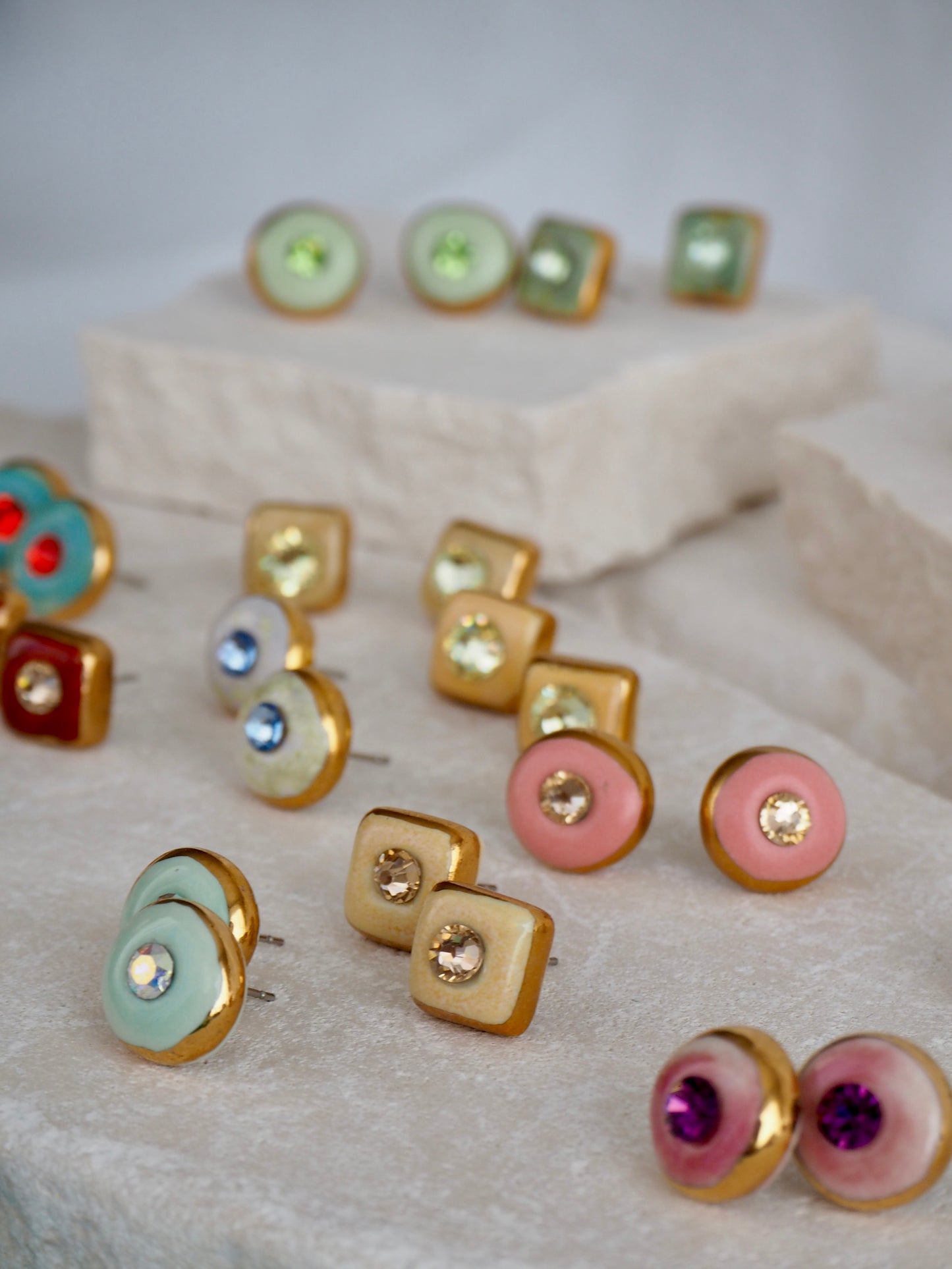 “Supernova” Pink Small Handmade Porcelain Studs with 24k Gold lustre rims and Swarovskis Cristals