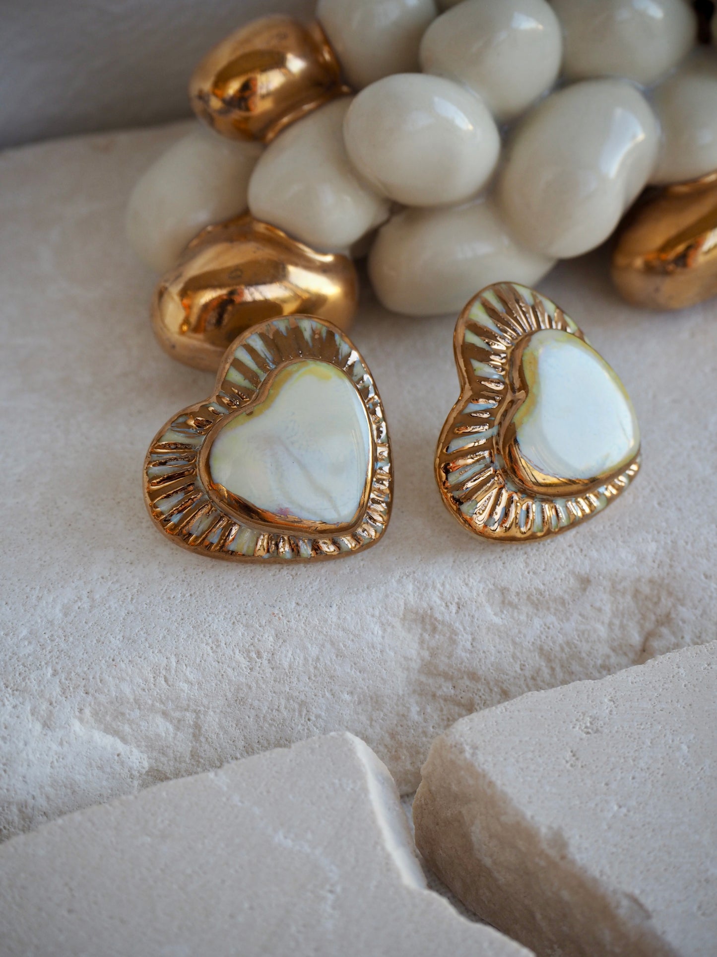 Large Handmade Porcelain Heart Stud Earrings coloured with “Pearly Off-White” glossy glaze & 24k Gold lustre details