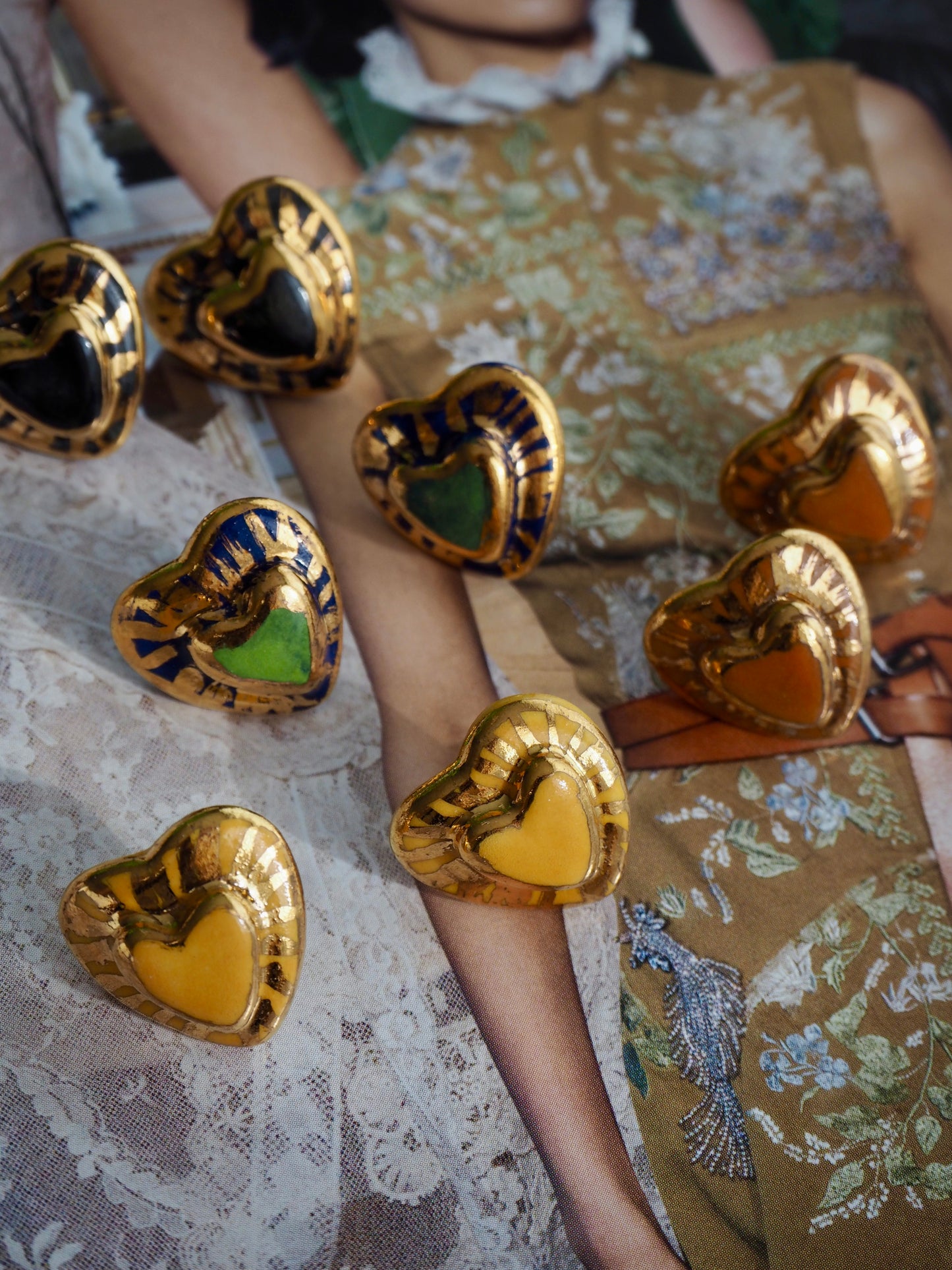Small Handmade Porcelain Heart Stud coloured with “Caramel” glossy glaze with 24k Gold lustre rays