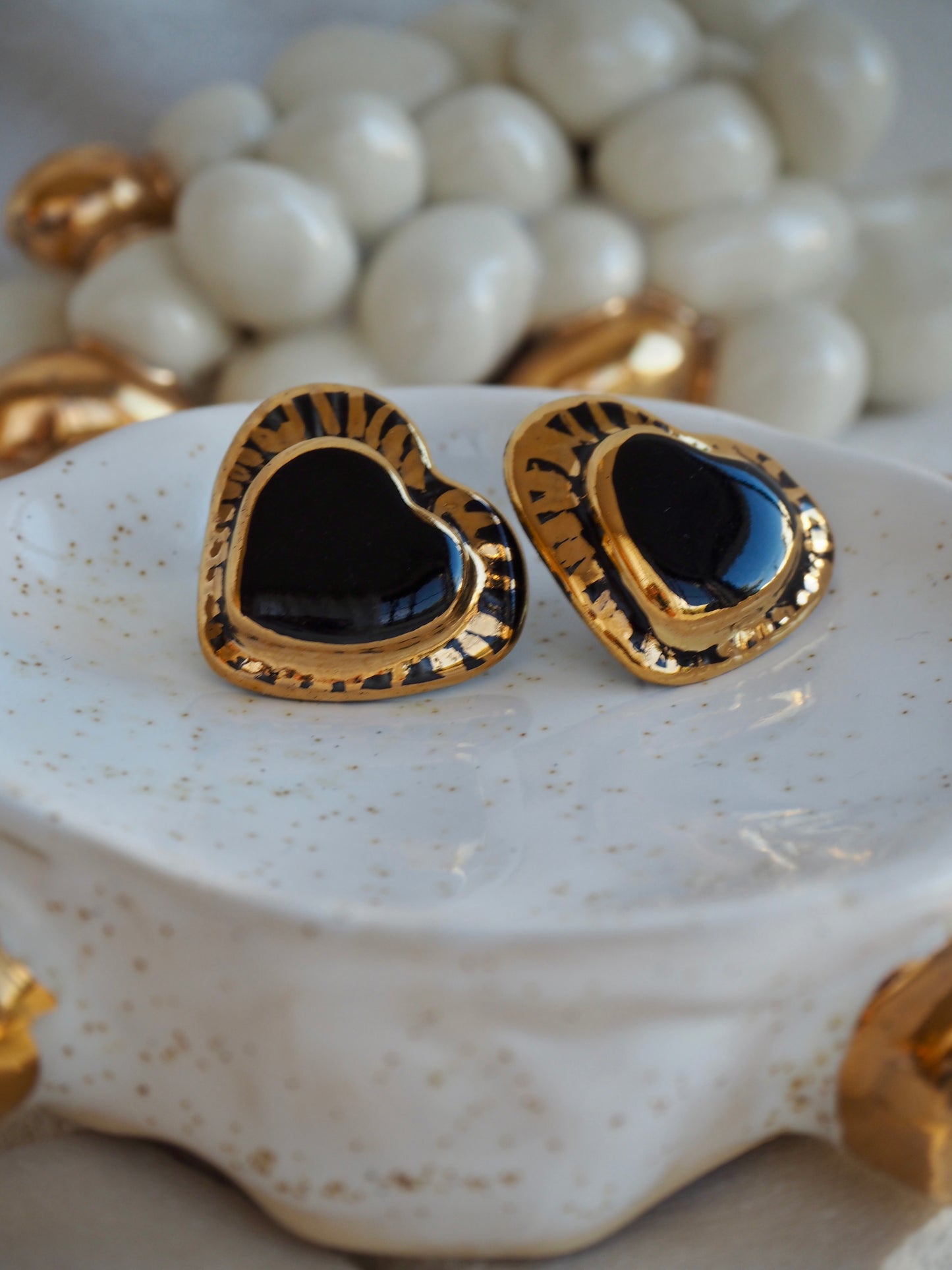 Large Handmade Porcelain Heart Stud Earrings coloured with “Black” glossy glaze & 24k Gold lustre details