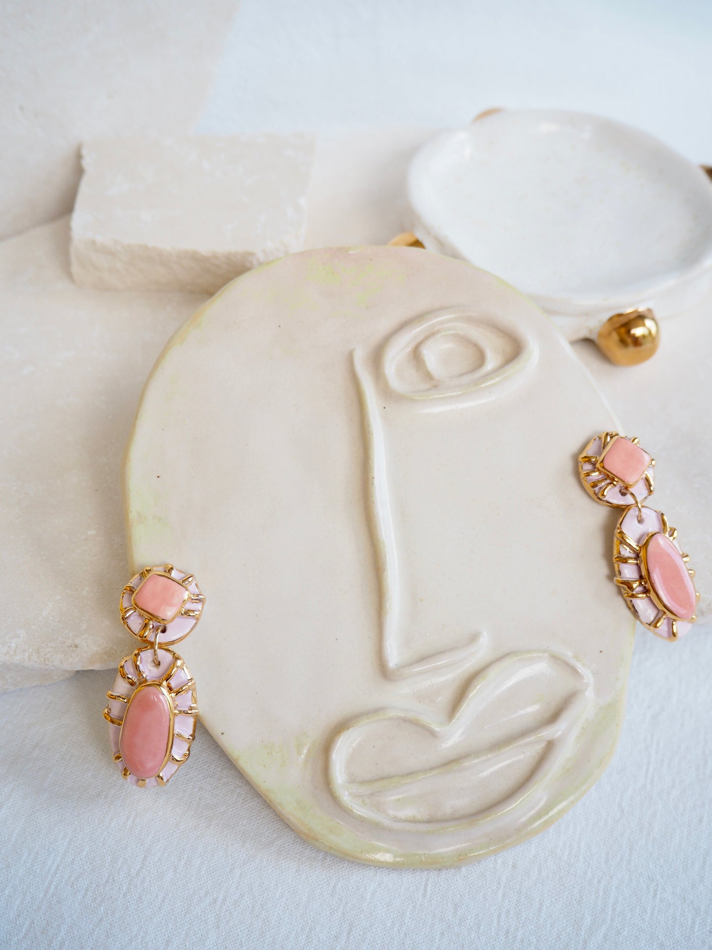 Pietra Collection handmade Porcelain Earrings coloured with Bubble Gum light Pink glossy glaze with 24k gold lustre details