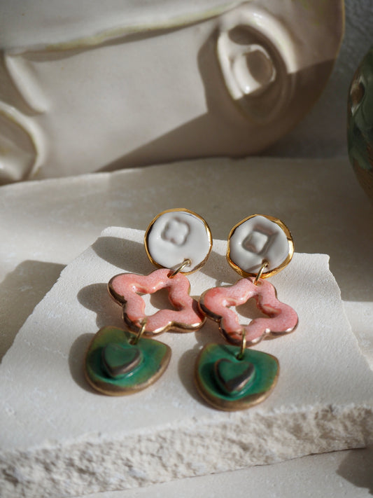 Gioia Originals “Fortunata” Handmade Porcelain Earrings in glossy White, Pink and matte Green glazes with 24k Gold lustre details
