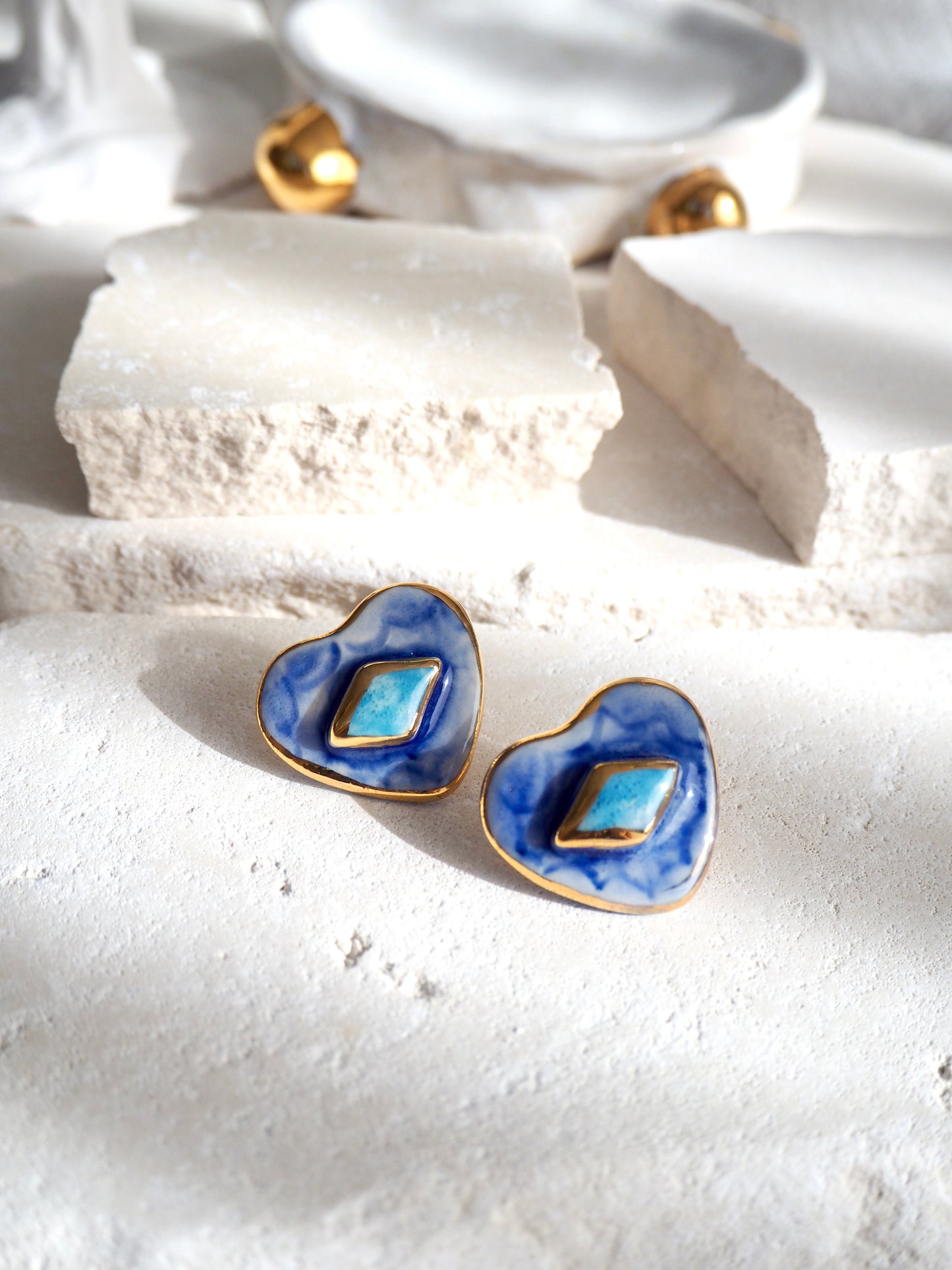 Large Handmade Porcelain Heart Stud Earrings coloured with “Shades of Blues” glossy glazes & 24k Gold lustre details