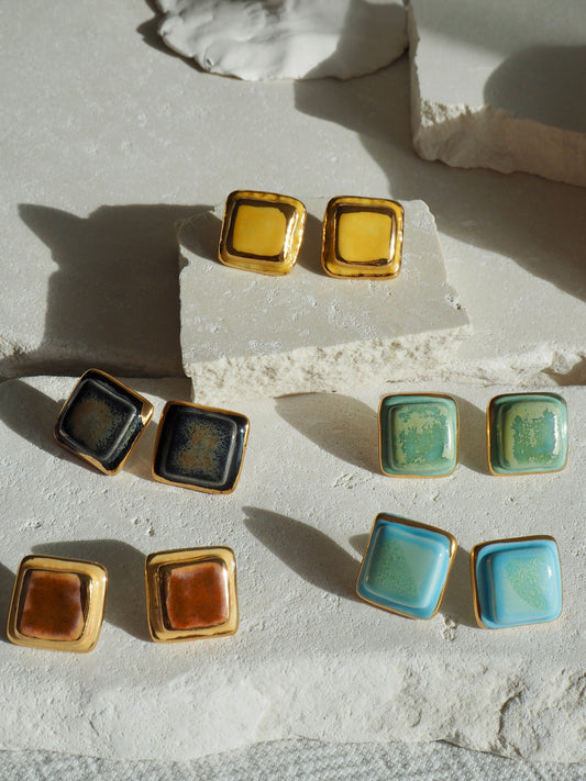 “il Quadrato” Medium Handmade Porcelain Studs coloured with “Yellow” glossy glaze with 24k Gold lustre details