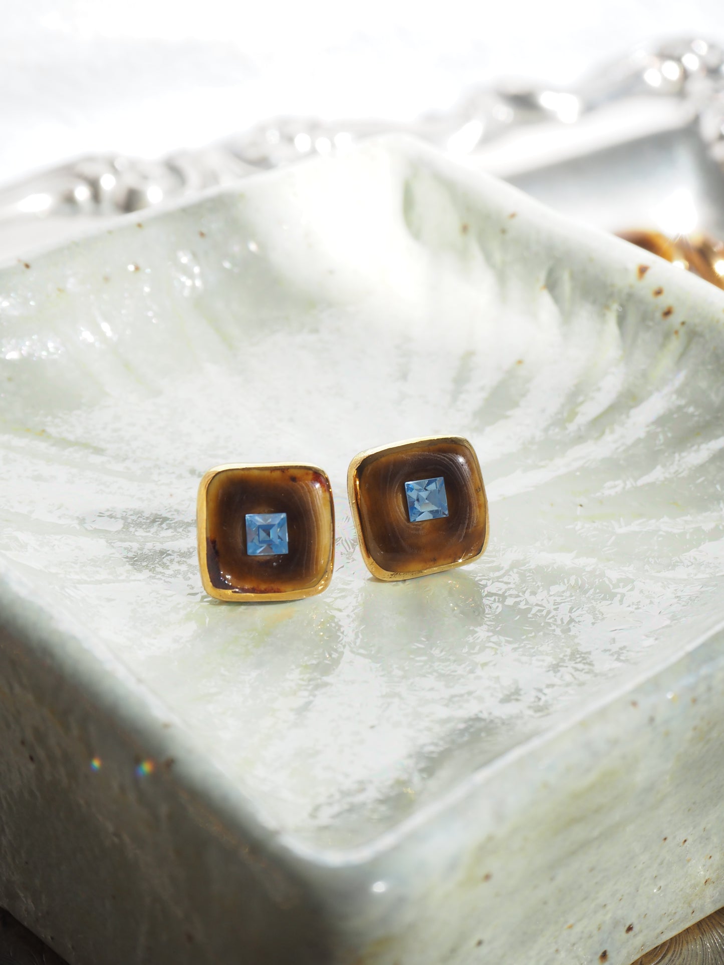 “Bigger Supernova” Warm Brown Large Handmade Porcelain Studs with 24k Gold lustre rims and an Swarovskis Crystal