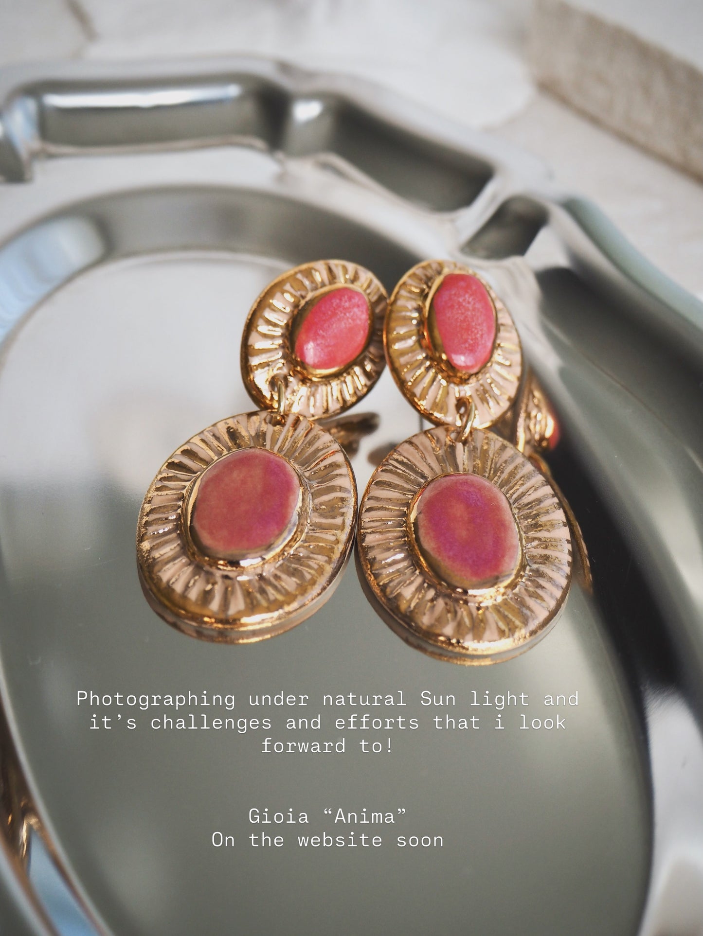 “Anima” Large Parchment underglaze & Shades of Pink coloured glazes with 24k gold lustre rays