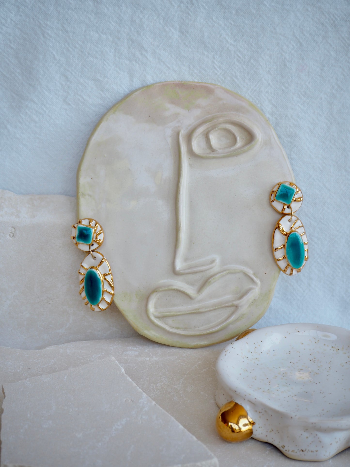Pietra Collection handmade Porcelain Earrings coloured with Jade and White glossy glaze with 24k gold lustre details