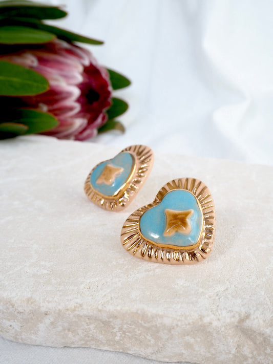 Porcelain Heart Earrings in “Parchment” coloured underglaze & Blue pearl glaze with 24k Gold lustre hand painted details