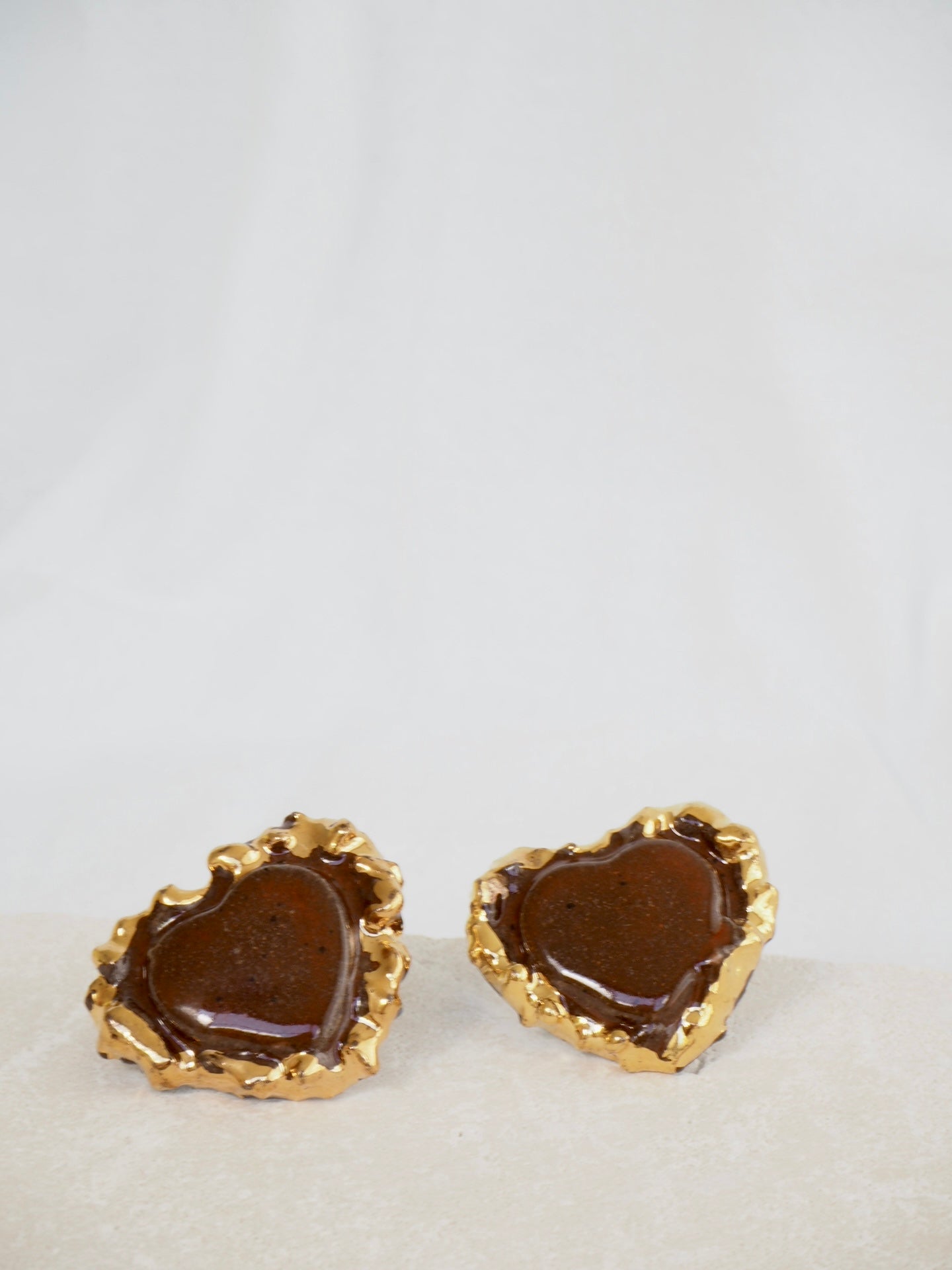 Porcelain Heart Earrings in “Deep Sienna” glossy coloured glaze & 24k Gold lustre rim