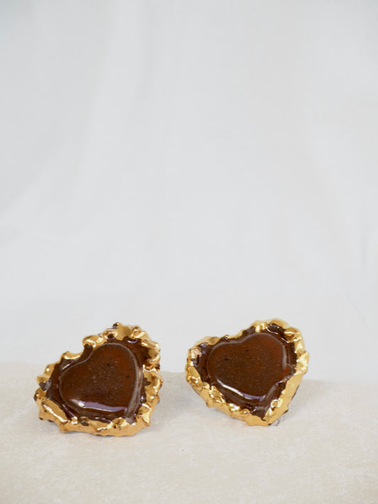 Porcelain Heart Earrings in “Deep Sienna” glossy coloured glaze & 24k Gold lustre rim
