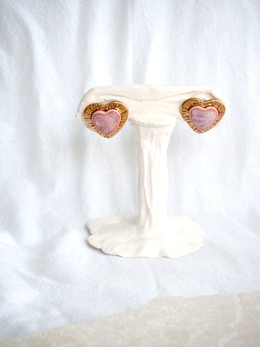 Porcelain Heart Earrings in “Rose Quartz” coloured glaze in matte finish with 24k Gold lustre hand painted details