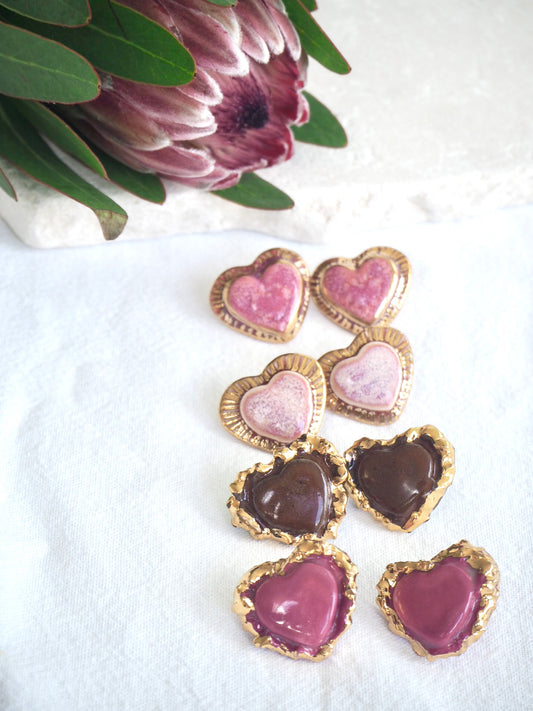 Porcelain Heart Earrings in “Raspberry Mist” coloured glaze in matte finish with 24k Gold lustre hand painted details