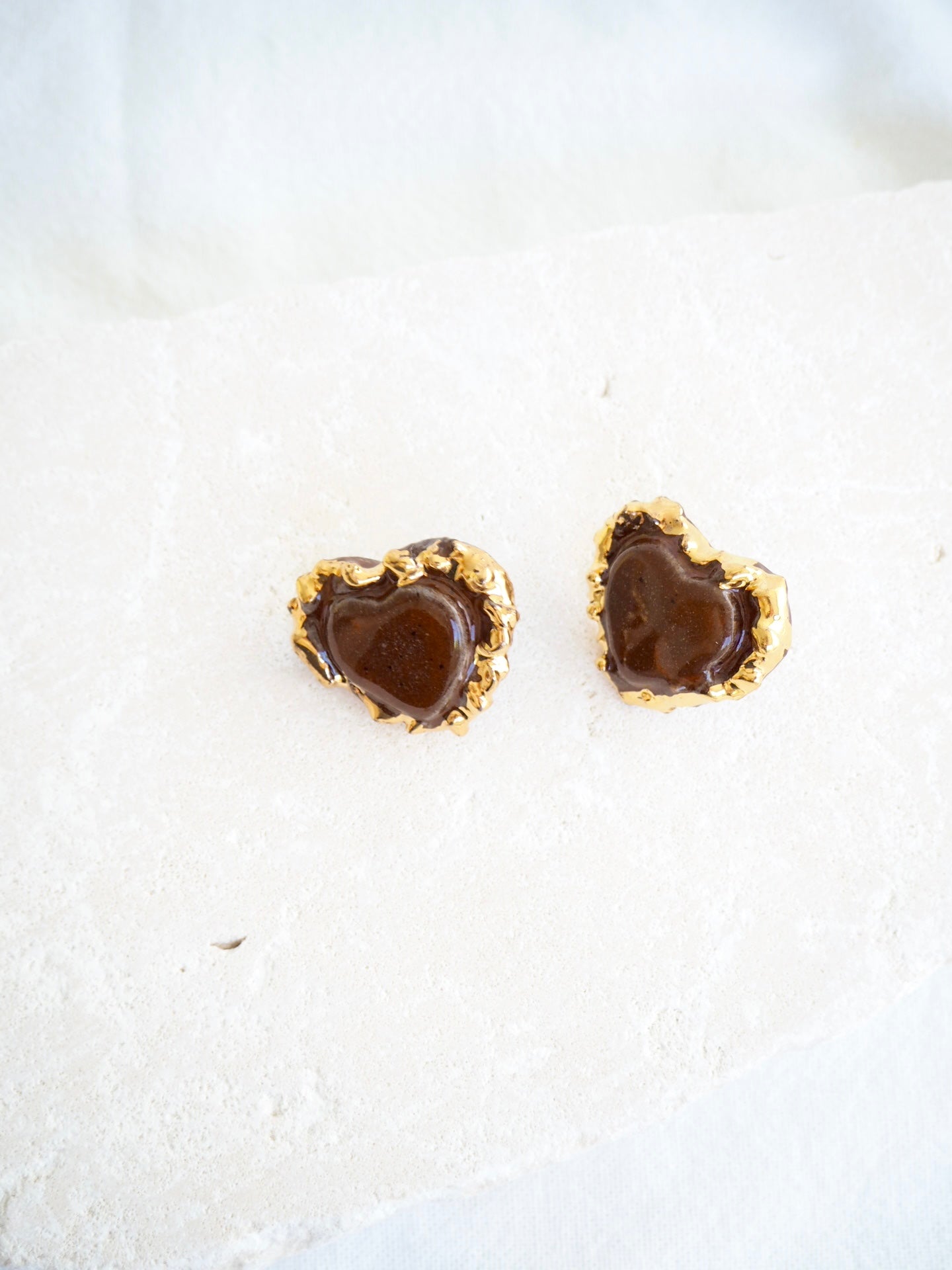 Porcelain Heart Earrings in “Deep Sienna” glossy coloured glaze & 24k Gold lustre rim
