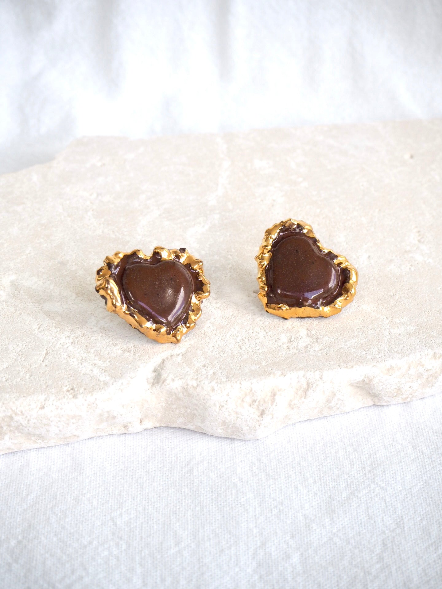 Porcelain Heart Earrings in “Deep Sienna” glossy coloured glaze & 24k Gold lustre rim