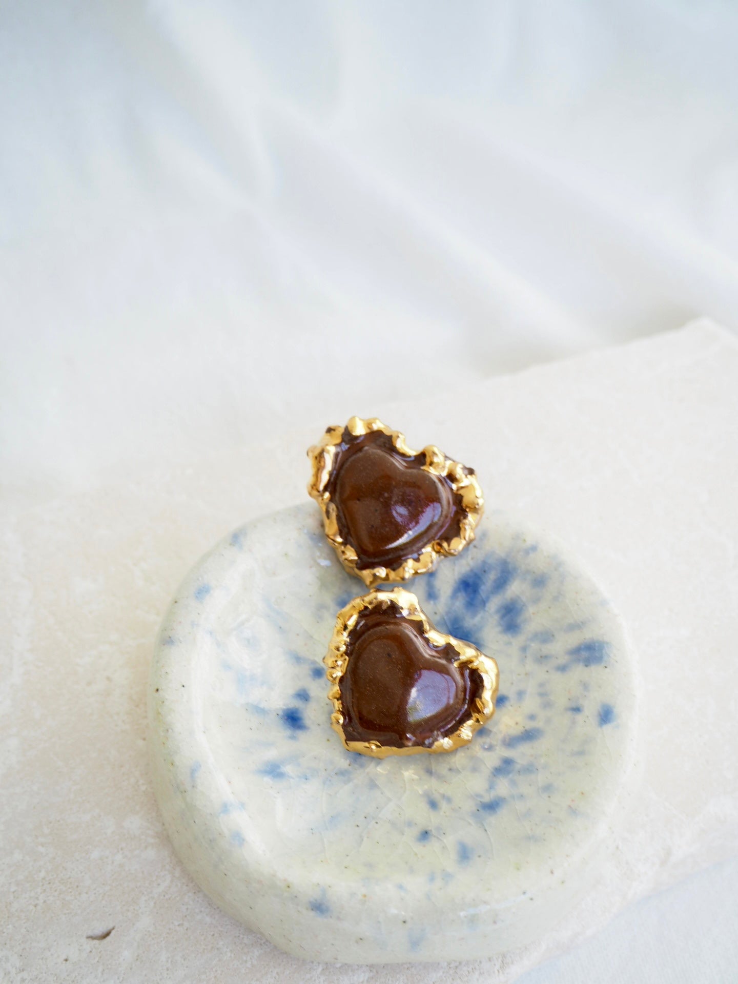 Porcelain Heart Earrings in “Deep Sienna” glossy coloured glaze & 24k Gold lustre rim