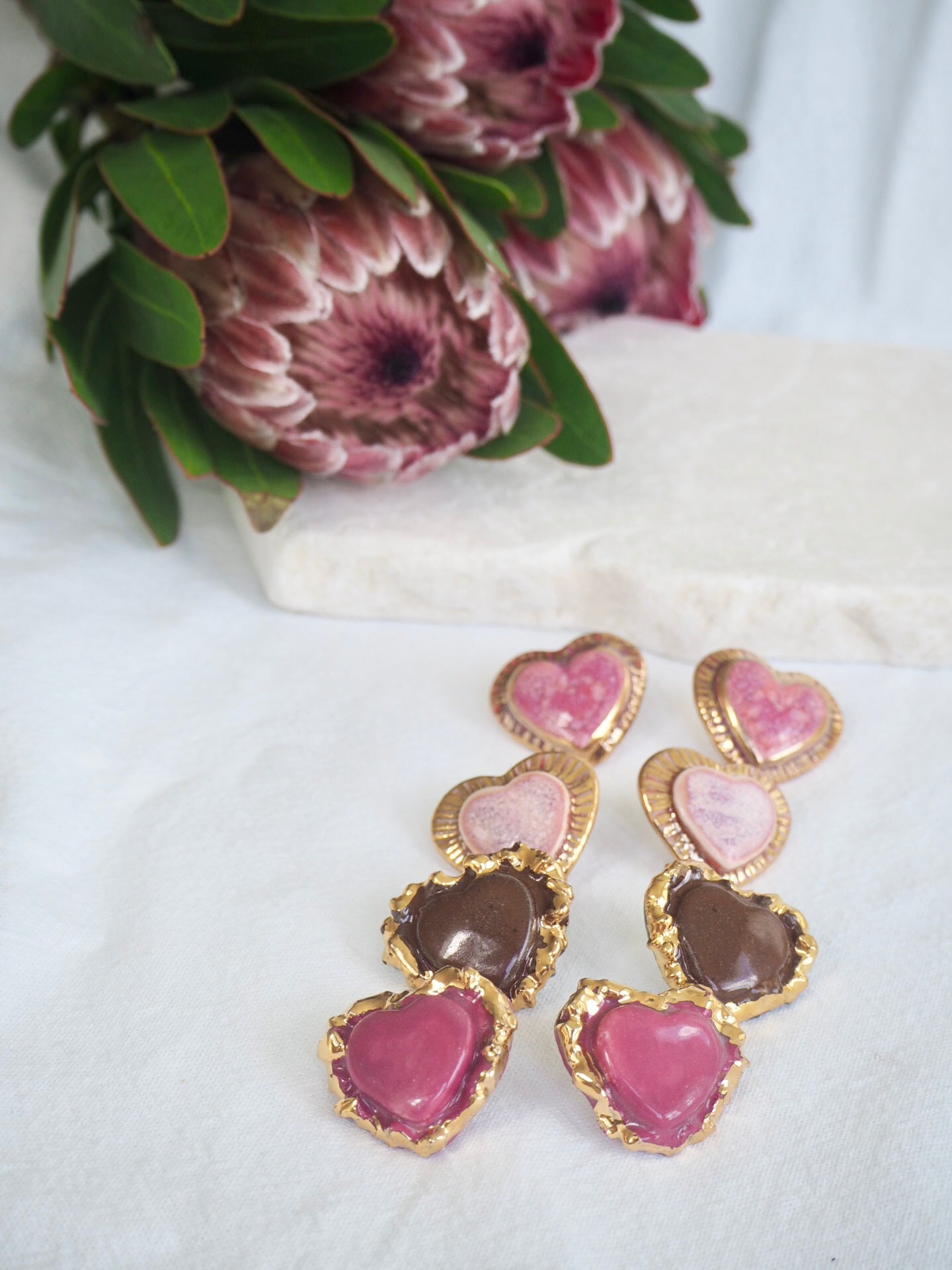 Porcelain Heart Earrings in “Deep Sienna” glossy coloured glaze & 24k Gold lustre rim