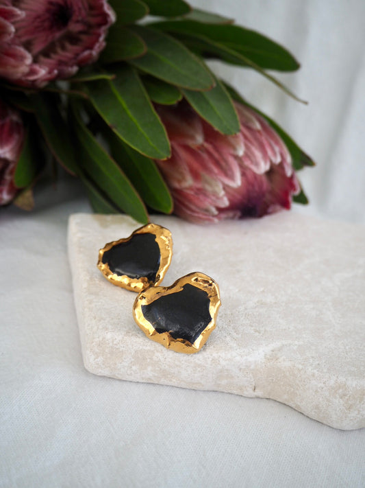 Porcelain Heart Earrings in Black coloured underglaze covered in glossy clear glaze & 24k Gold lustre rim