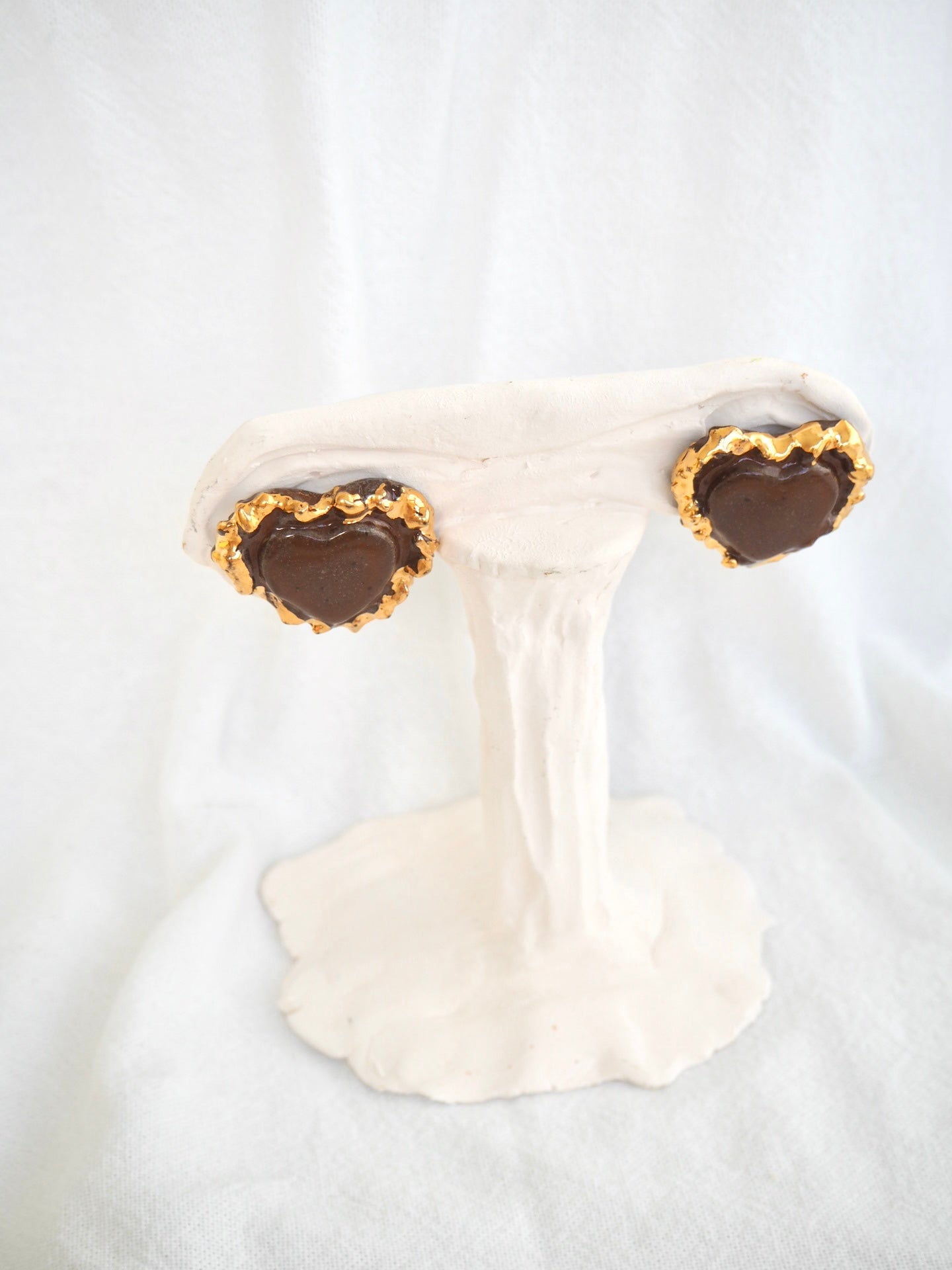 Porcelain Heart Earrings in “Deep Sienna” glossy coloured glaze & 24k Gold lustre rim